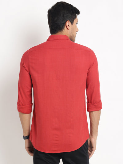 Cotton Lyocell Red Plain Slim Fit Full Sleeve Casual Shirt