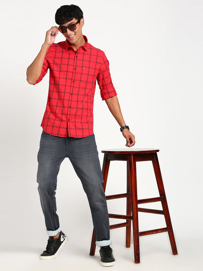 100% Cotton Red Checkered Slim Fit Full Sleeve Casual Shirt