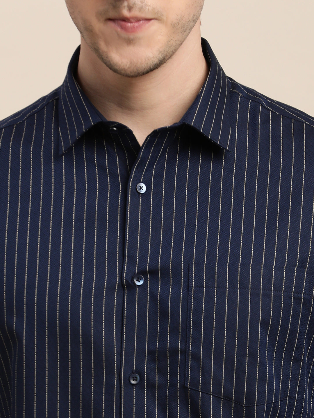 100% Cotton Navy Blue Striped Slim Fit Full Sleeve Formal Shirt