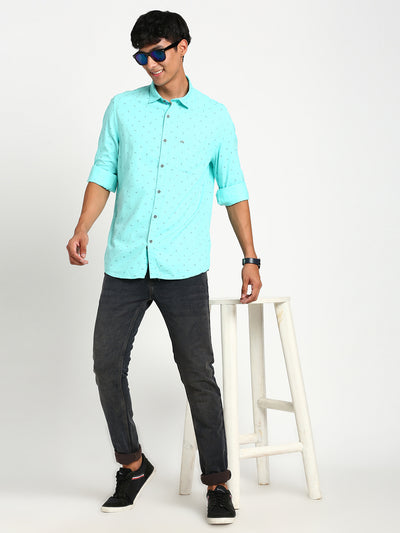 Cotton Tencel Blue Printed Slim Fit Full Sleeve Casual Shirt