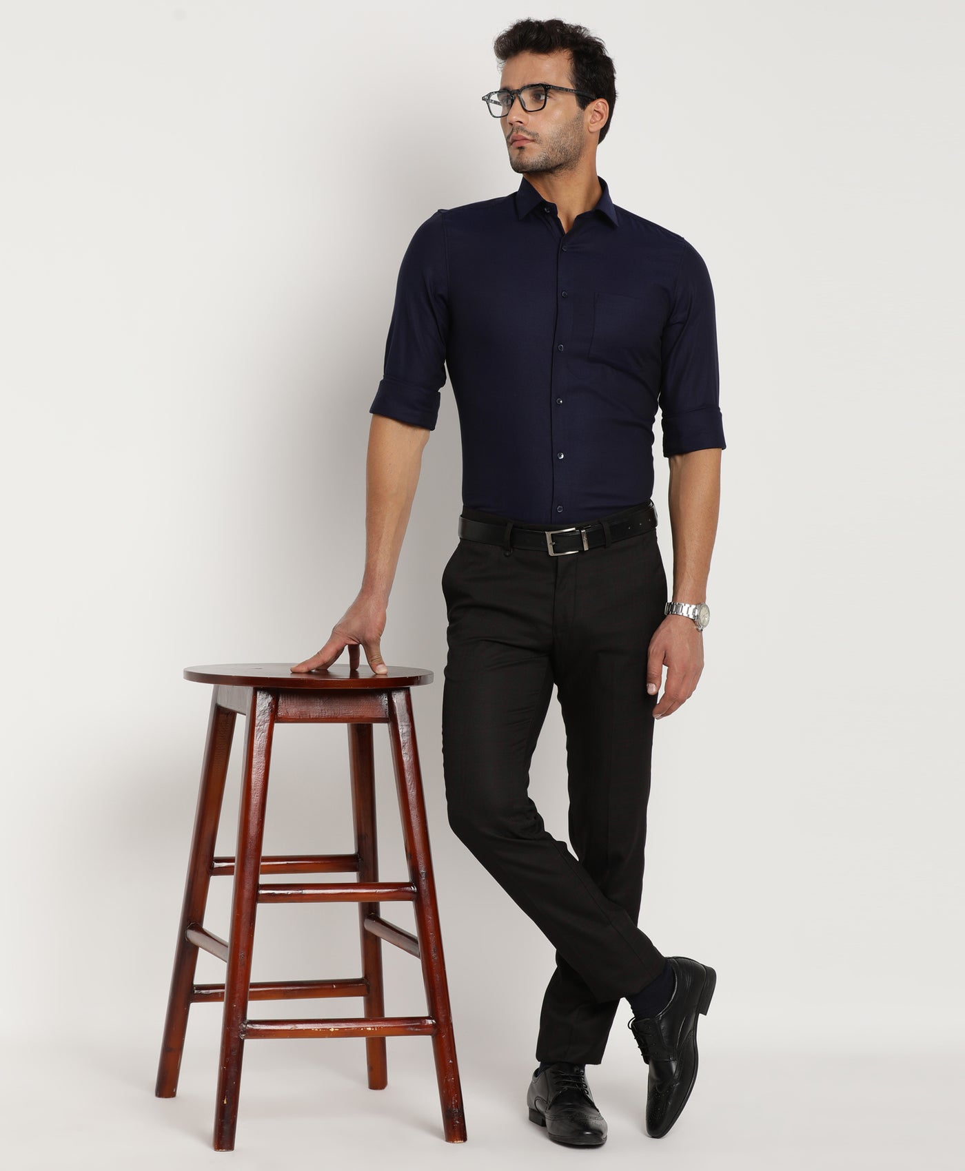 Giza Cotton Navy Blue Dobby Slim Fit Full Sleeve Formal Shirt