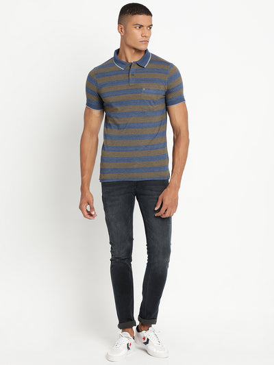100% Cotton Indigo Navy Blue Striped Polo Neck Half Sleeve Casual T-Shirt