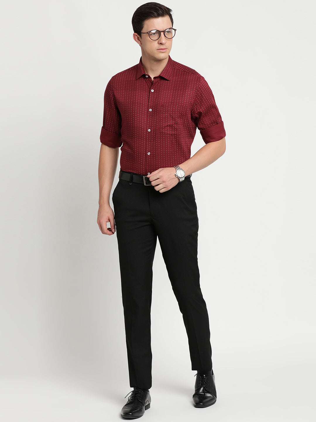 Cotton Tencel Maroon Printed Slim Fit Full Sleeve Formal Shirt