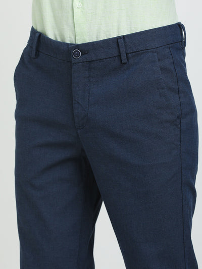 Cotton Stretch Blue Dobby Ultra Slim Fit Flat Front Casual Trouser