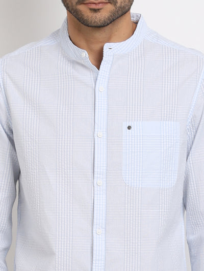 100% Cotton Sky Blue Dobby Slim Fit Mandarin Collar Casual Shirt