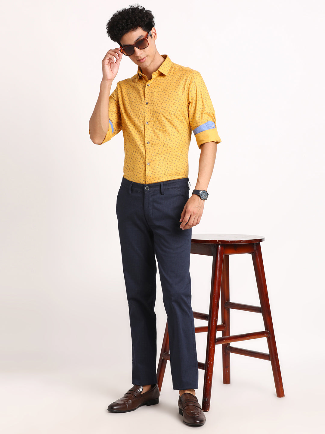 100% Cotton Mustard Printed Slim Fit Full Sleeve Formal Shirt