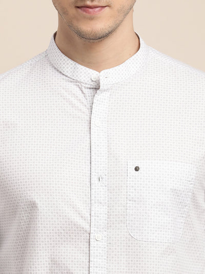 100% Cotton White Printed Slim Fit Mandarin Collar Casual Shirt