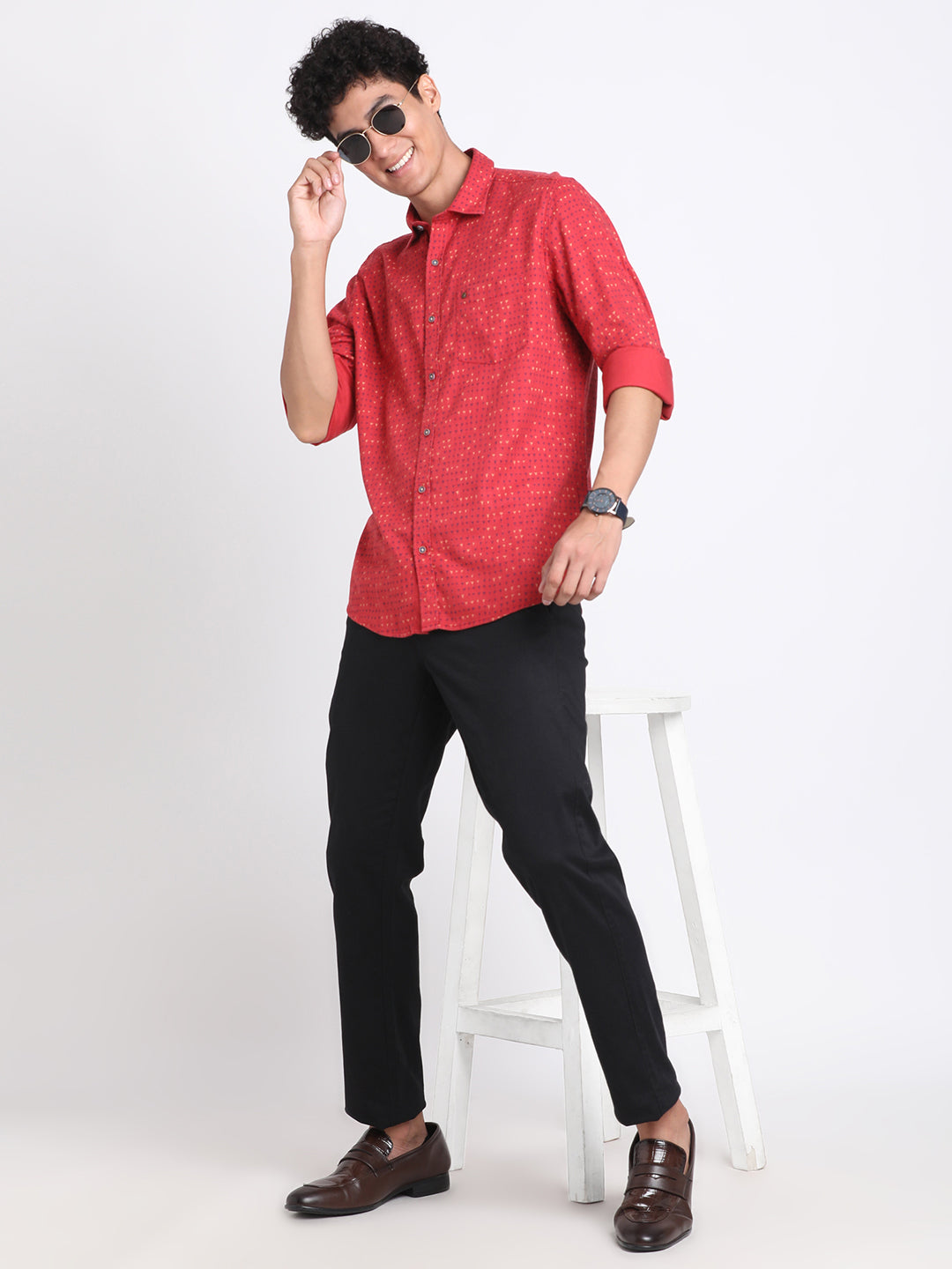 Cotton Lyocell Red Printed Slim Fit Full Sleeve Casual Shirt