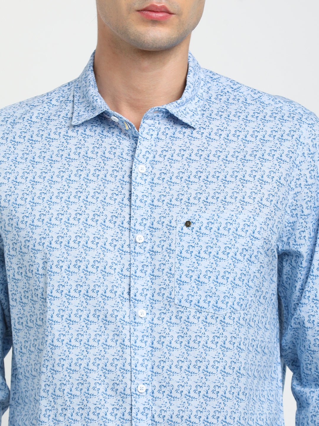 Cotton Linen Sky Blue Printed Slim Fit Full Sleeve Casual Shirt