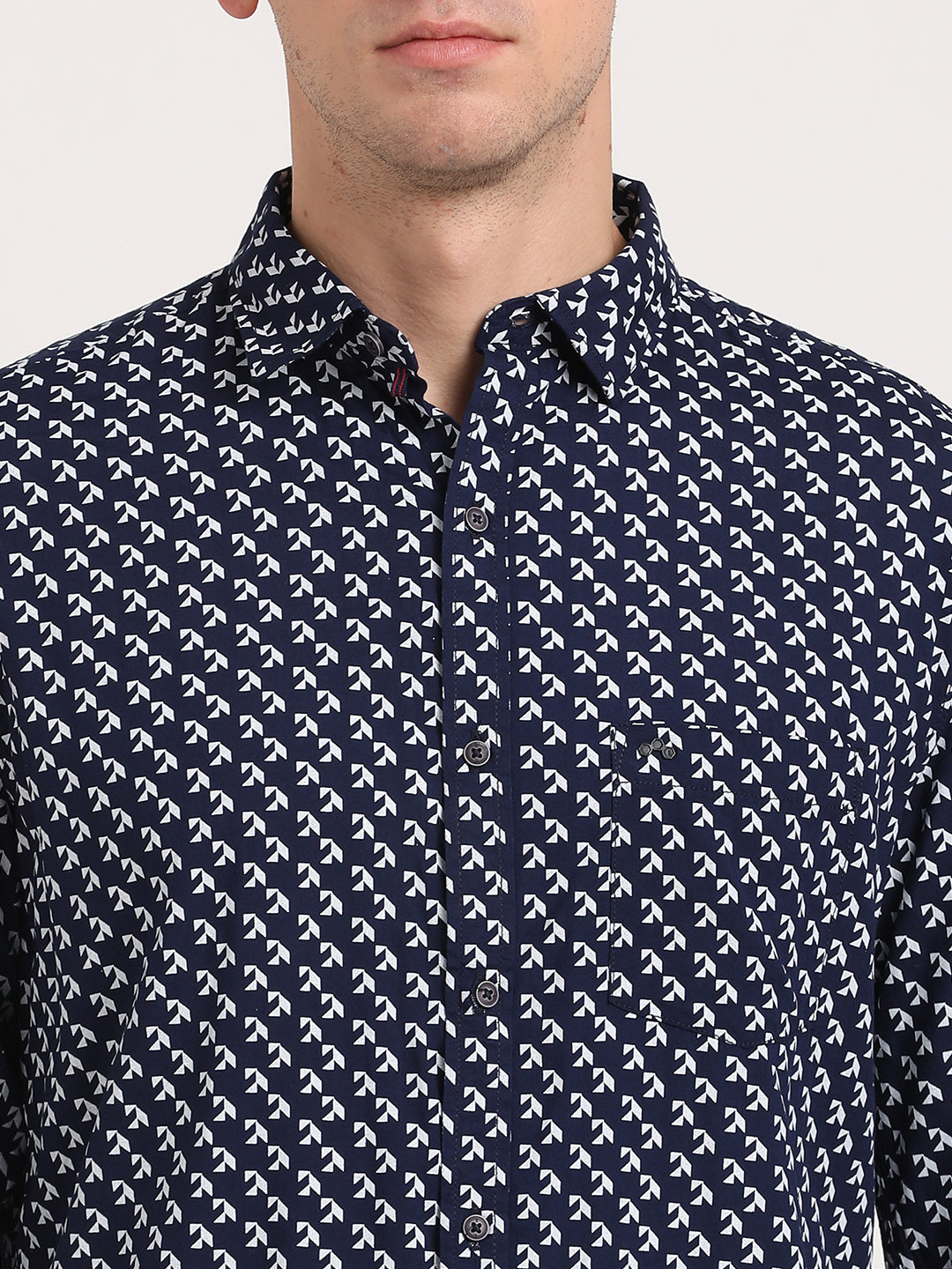 100% Viscose Navy Blue Printed Slim Fit Mandarin Collar Casual Shirt