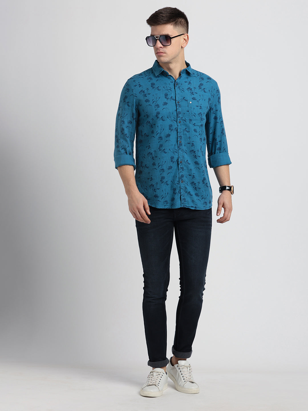 Cotton Lyocell Blue Printed Slim Fit Full Sleeve Casual Shirt