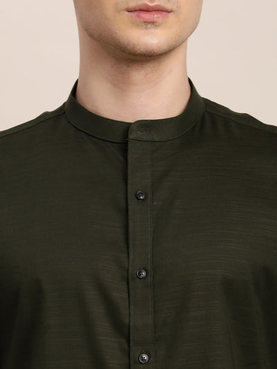 100% Cotton Dark Green Plain Slim Fit Full Sleeve Ceremonial Shirt