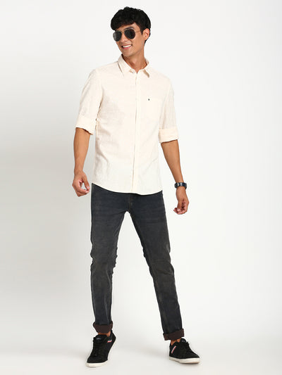 100% Cotton Beige Plain Slim Fit Full Sleeve Casual Shirt