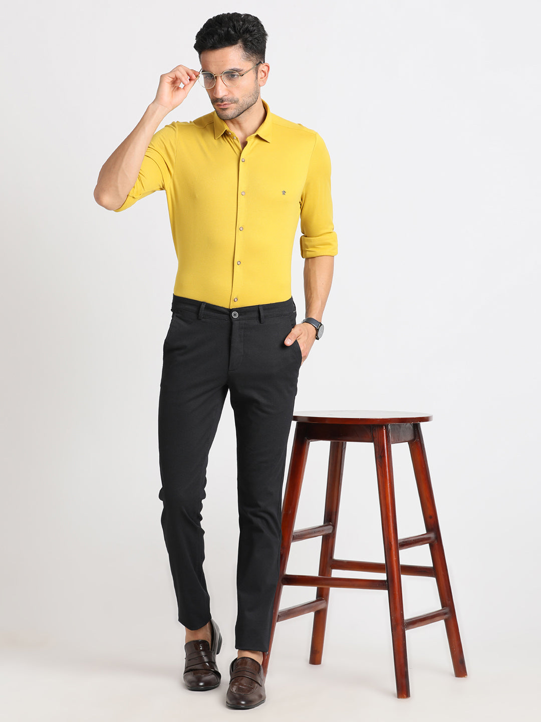 Cotton Yellow Printed Slim Fit Full Sleeve Casual Shirt