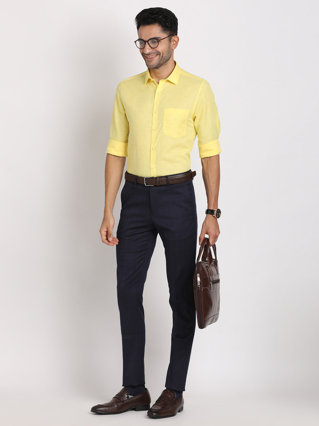 Cotton Linen Yellow Printed Slim Fit Full Sleeve Formal Shirt