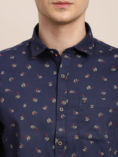 100% Cotton Blue Printed Slim Fit Half Sleeve Casual Shirt