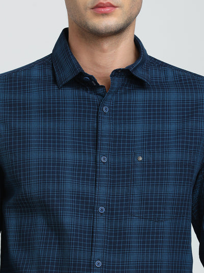 100% Cotton Navy Blue Checkered Slim Fit Full Sleeve Casual Shirt