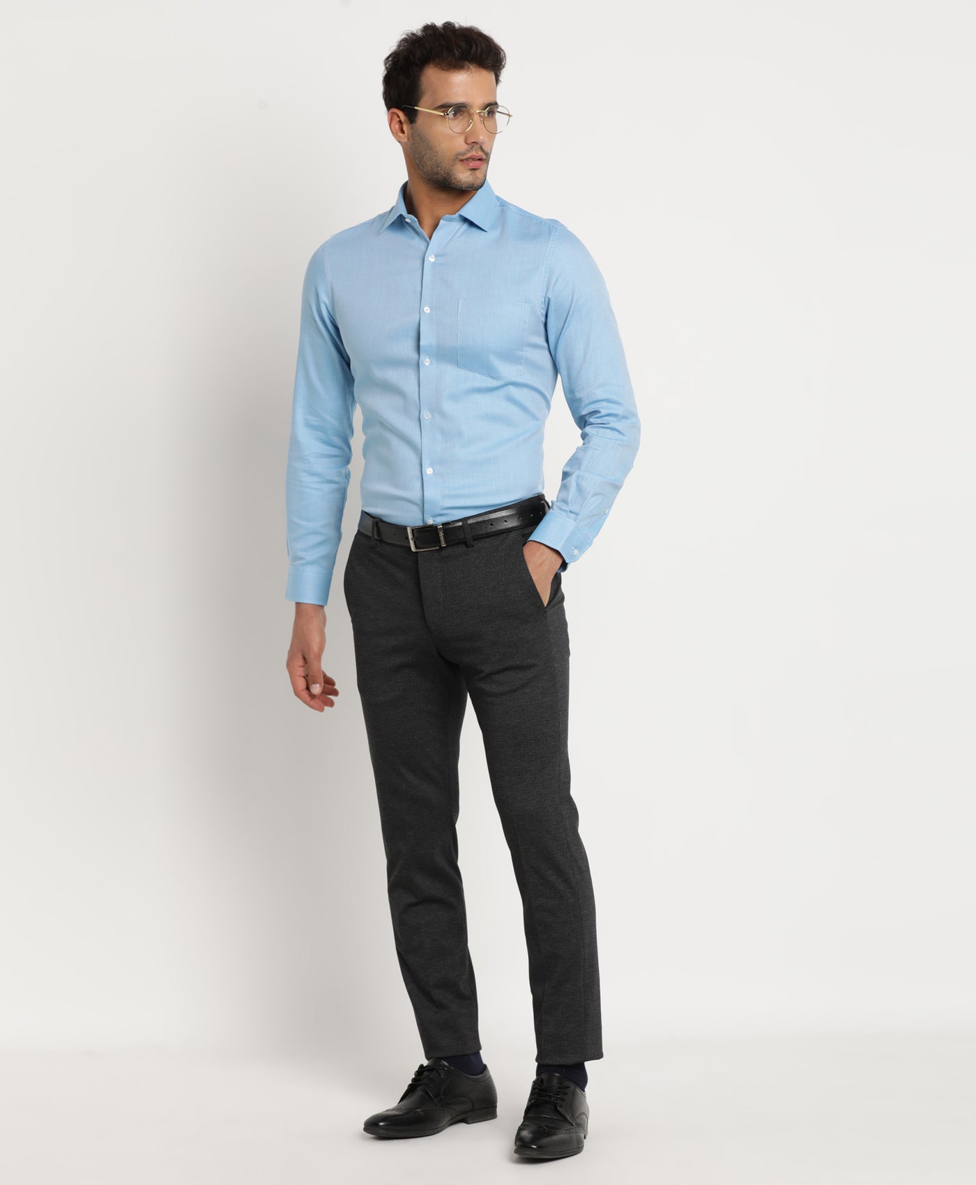 100% Cotton Blue Dobby Slim Fit Full Sleeve Formal Shirt