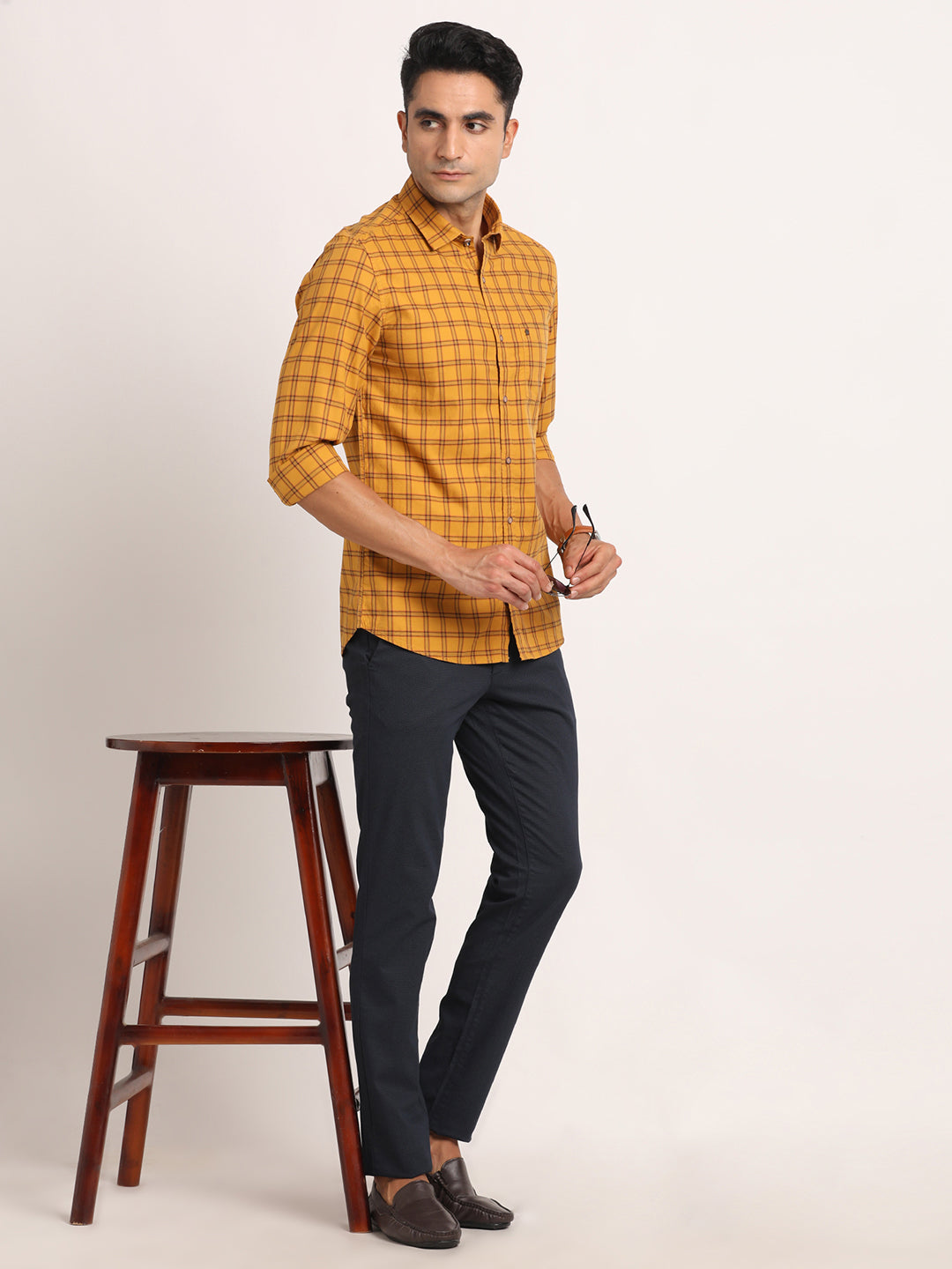 Cotton Yellow Checkered Full Sleeve Casual Shirt