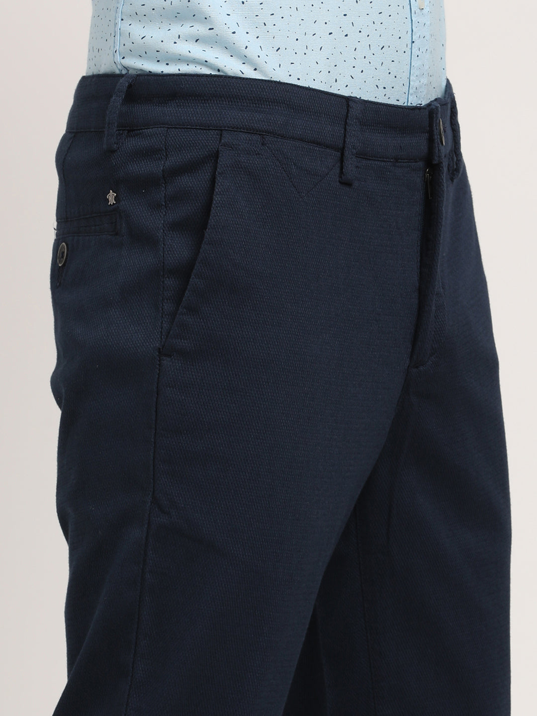 Cotton Stretch Navy Blue Dobby Ultra Slim Fit Flat Front Casual Trouser