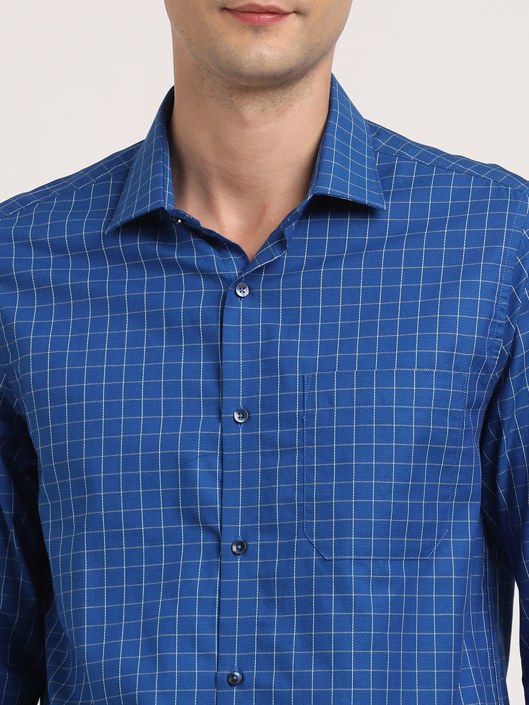 100% Cotton Blue Checkered Slim Fit Full Sleeve Formal Shirt