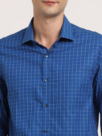 100% Cotton Blue Checkered Slim Fit Full Sleeve Formal Shirt