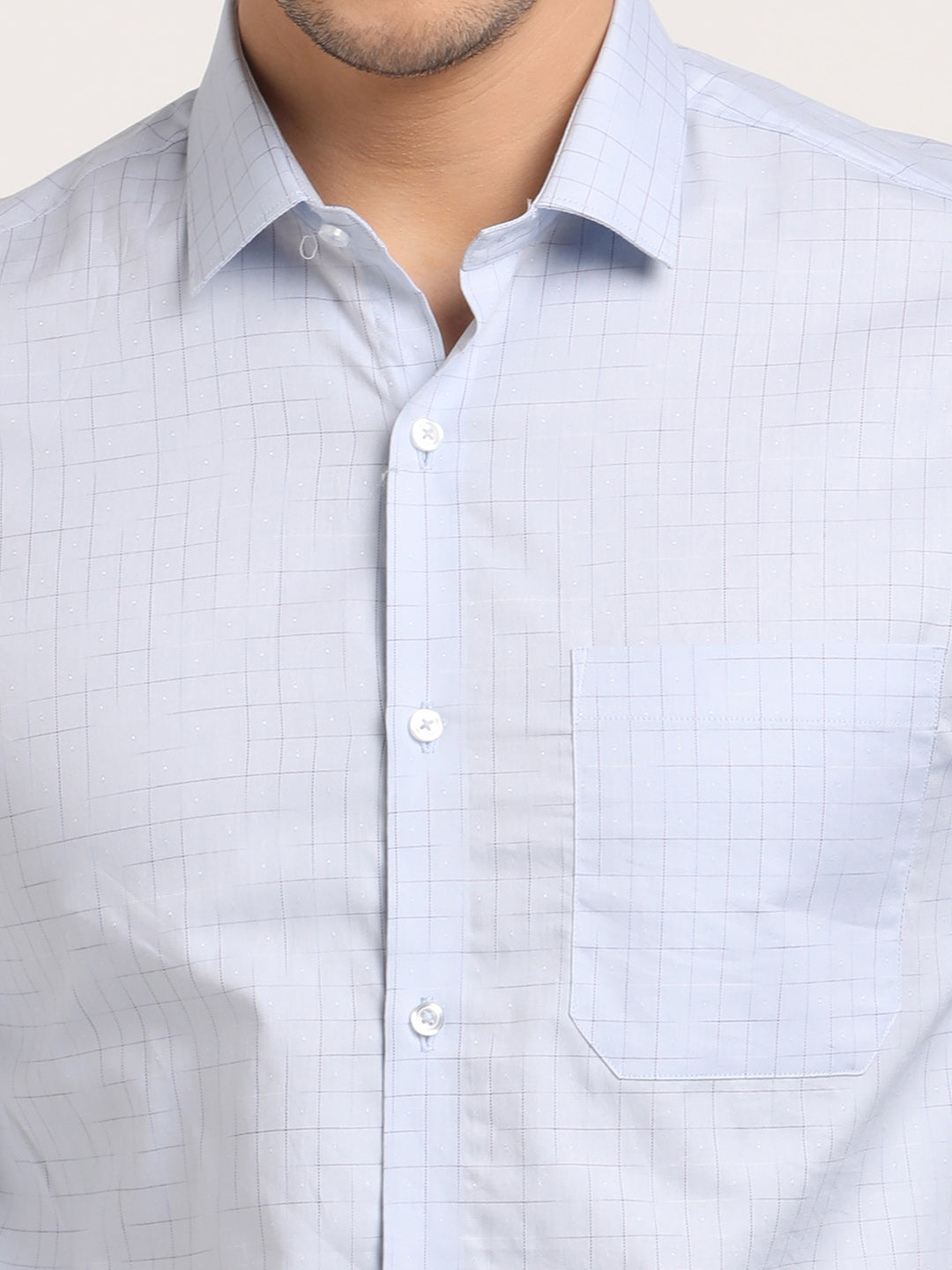 100% Cotton Light Blue Checkered Slim Fit Full Sleeve Formal Shirt