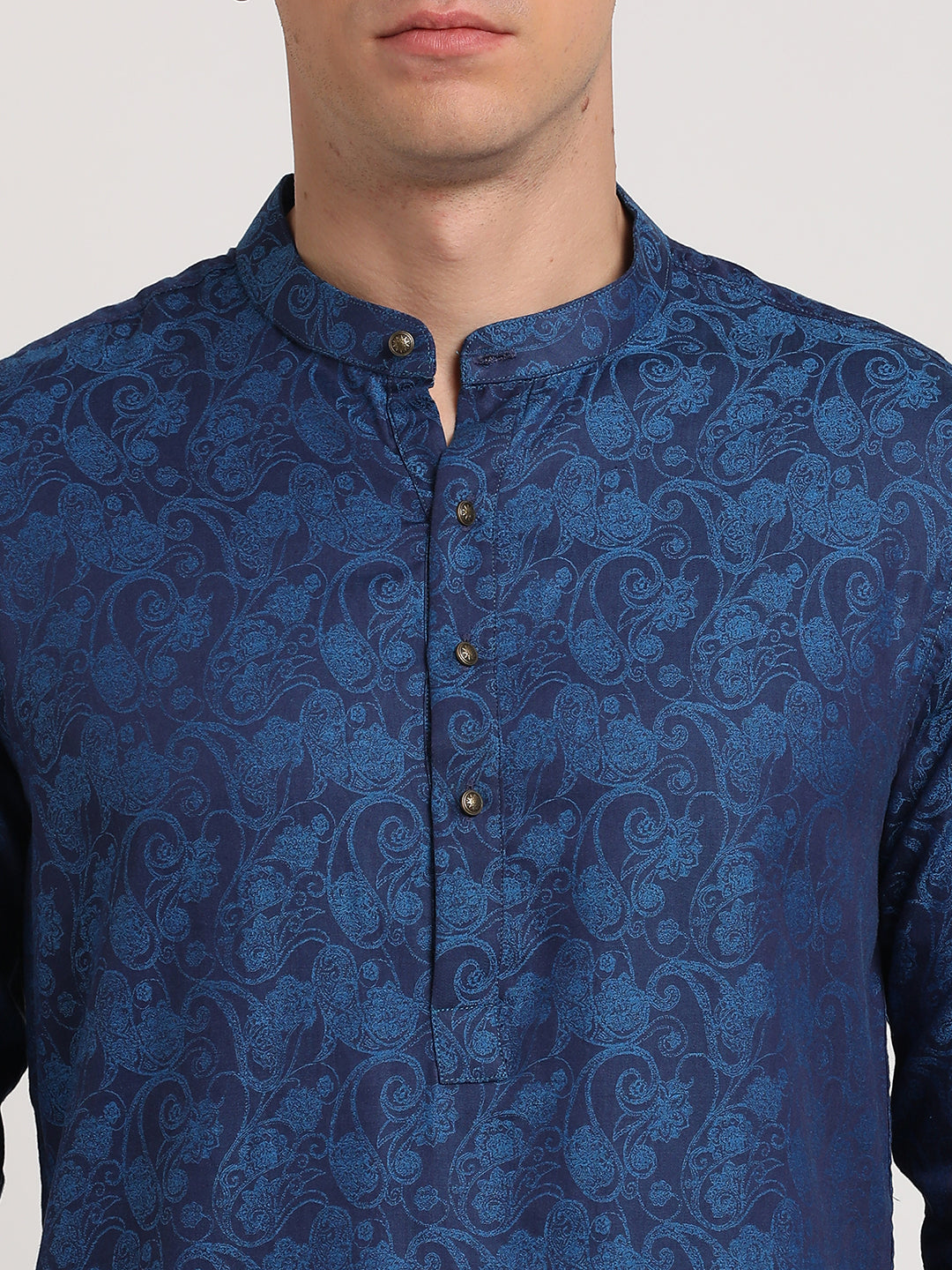 100% Cotton Blue Jacquard Kurta Full Sleeve Ceremonial Shirt