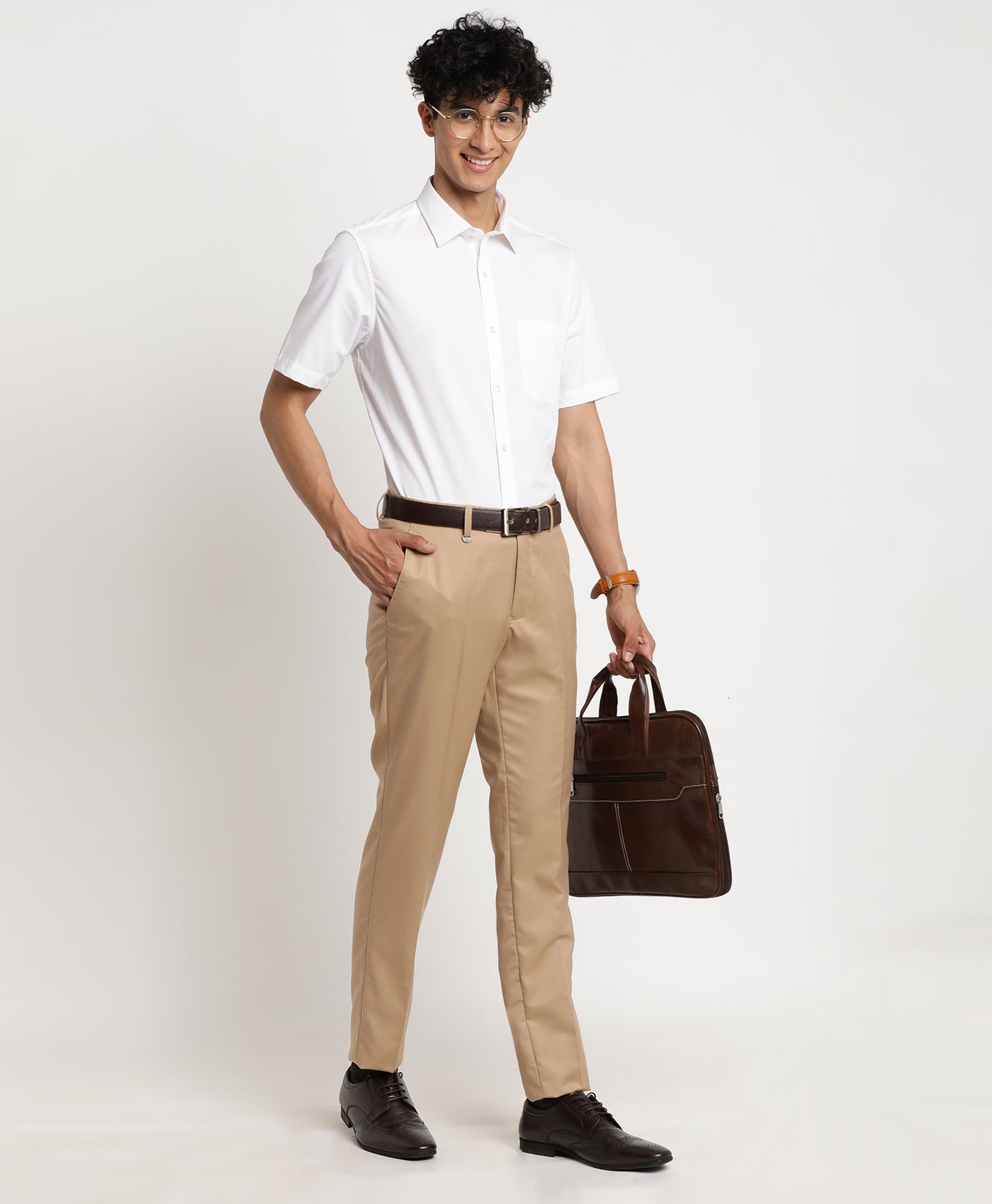 Khaki Checkered Slim Fit Flat Front Formal Trouser