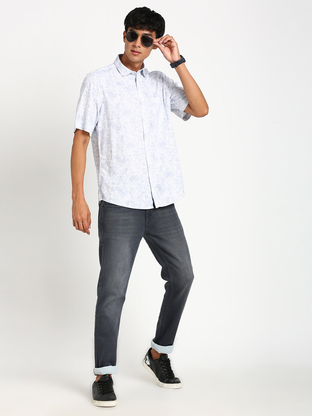 Cotton Tencel White Printed Slim Fit Half Sleeve Casual Shirt