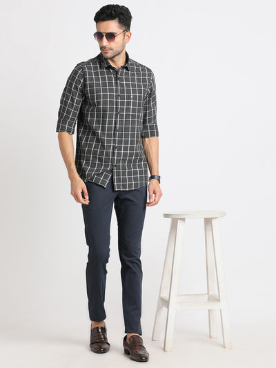 Cotton Melange Black Checkered Slim Fit Full Sleeve Casual Shirt