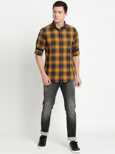 100% Cotton Yellow Checkered Slim Fit Full Sleeve Casual Shirt