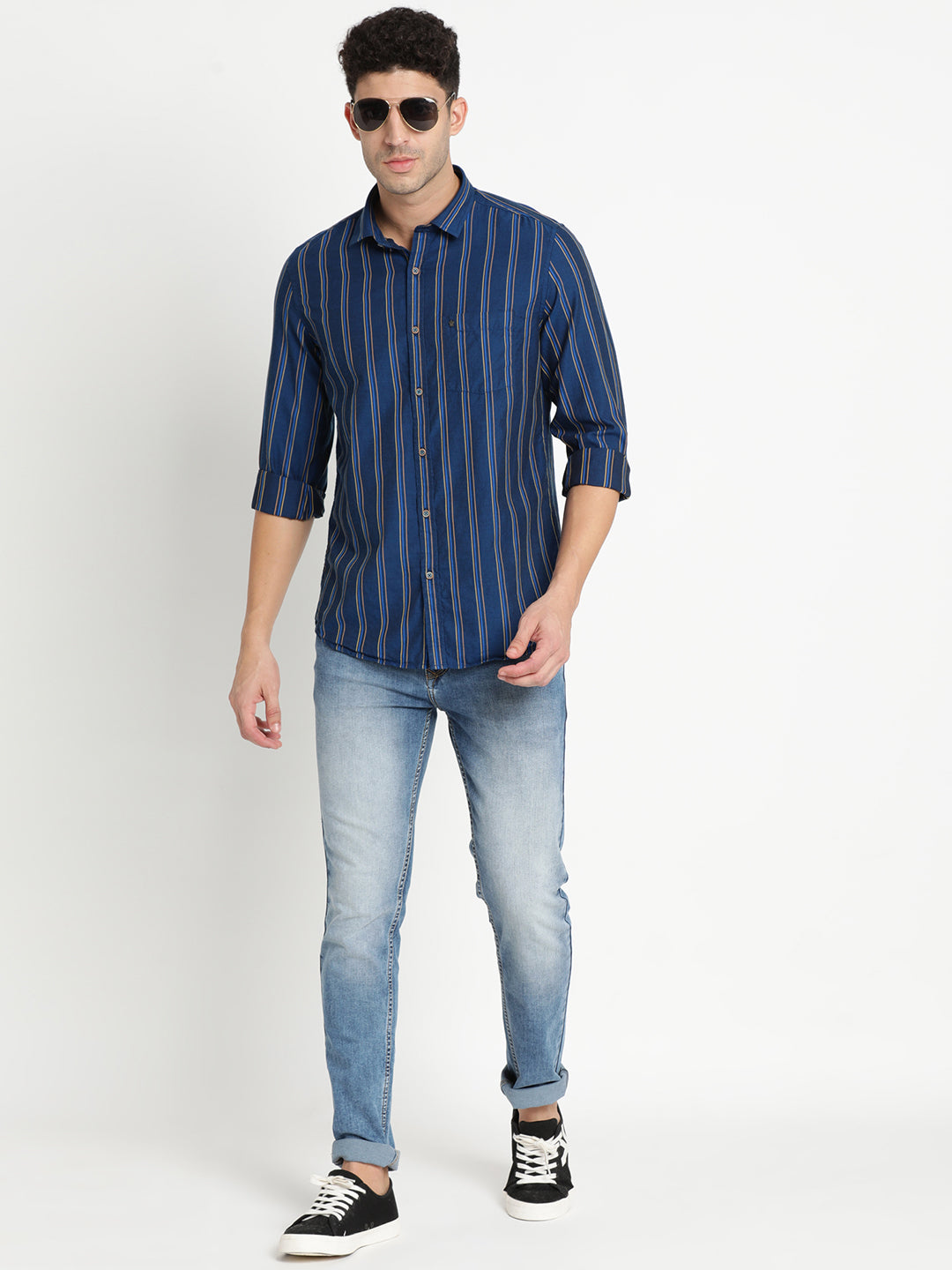 100% Cotton Navy Blue Striped Slim Fit Full Sleeve Casual Shirt