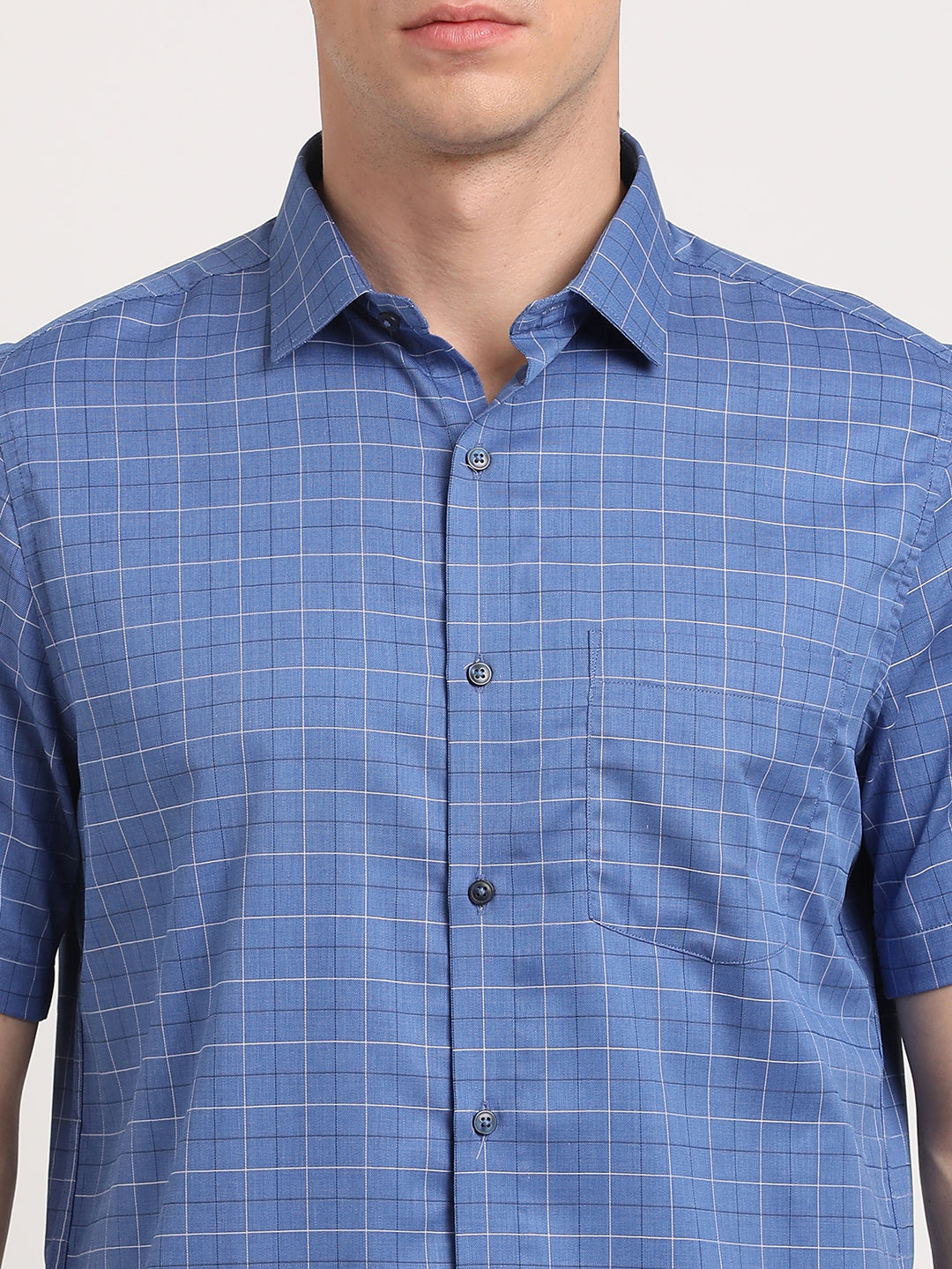 100% Cotton Blue Checkered Regular Fit Half Sleeve Formal Shirt