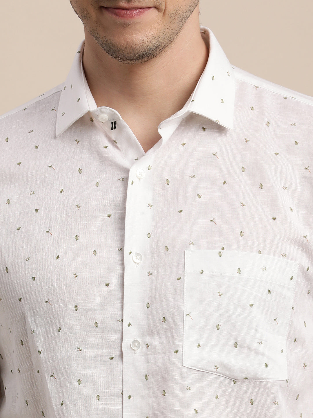 Cotton Linen White Printed Slim Fit Full Sleeve Formal Shirt