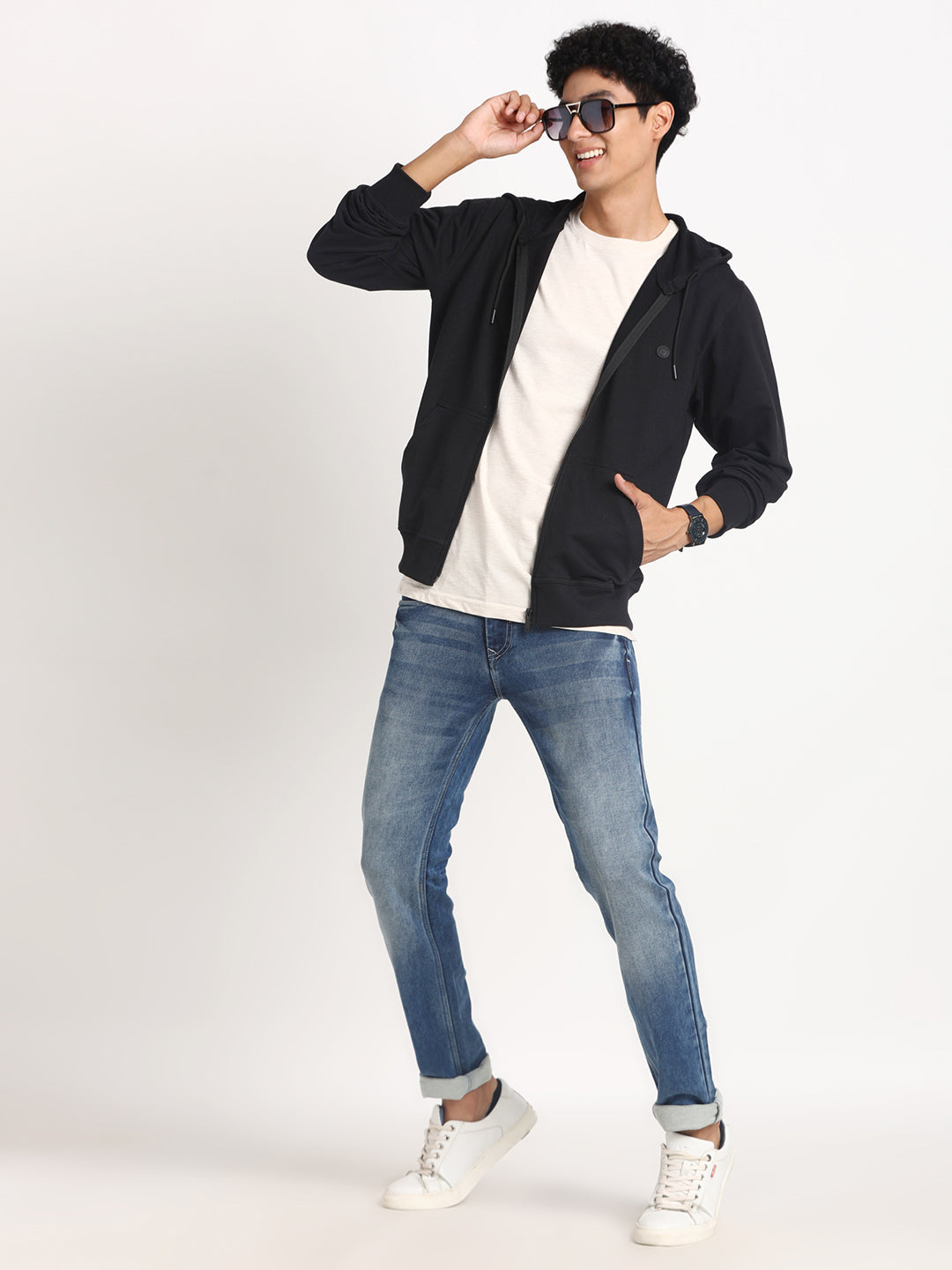 Essential Poly Cotton Black Plain Regular Fit Full Sleeve Casual Hooded Sweatshirt