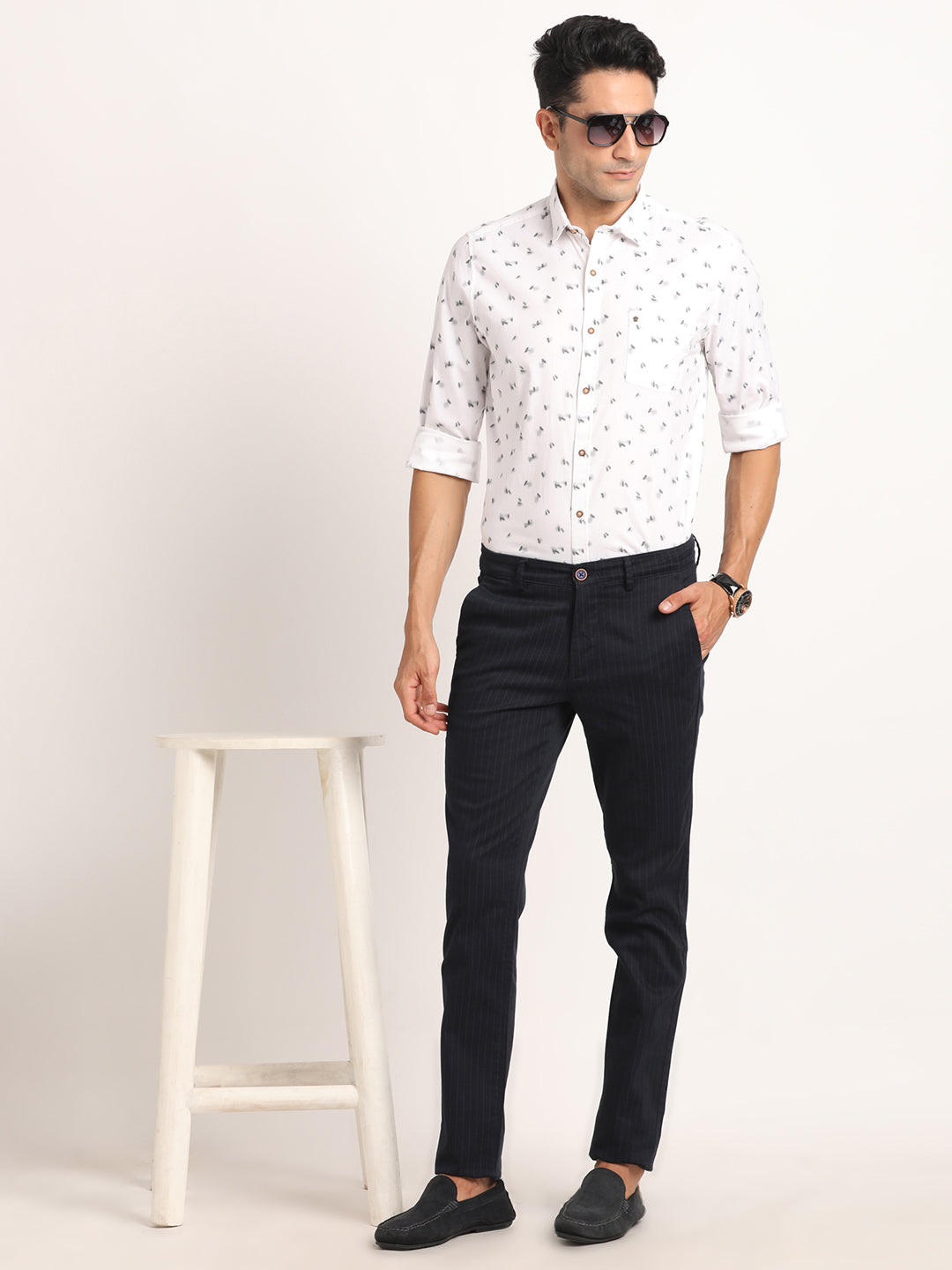 Cotton Linen Off White Printed Slim Fit Full Sleeve Casual Shirt