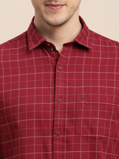 100% Cotton Maroon Checkered Slim Fit Full Sleeve Casual Shirt