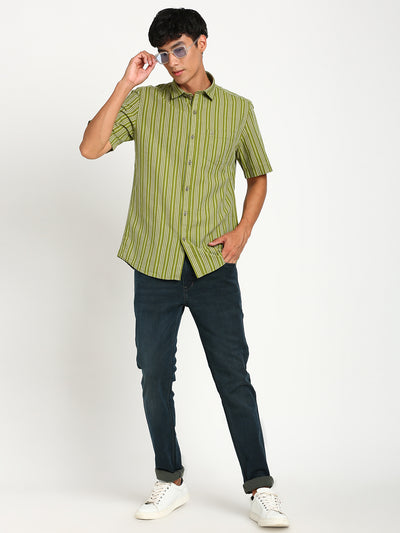 Cotton Linen Green Striped Slim Fit Half Sleeve Casual Shirt