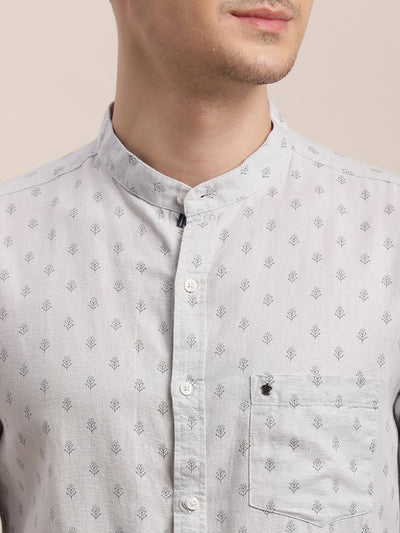 Cotton Linen Grey Printed Slim Fit Mandarin Collar Casual Shirt