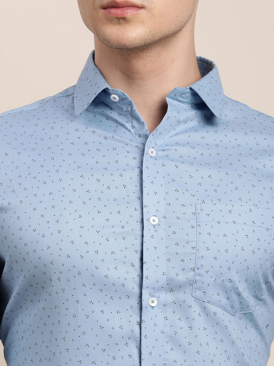 100% Cotton Light Blue Printed Regular Fit Full Sleeve Formal Shirt