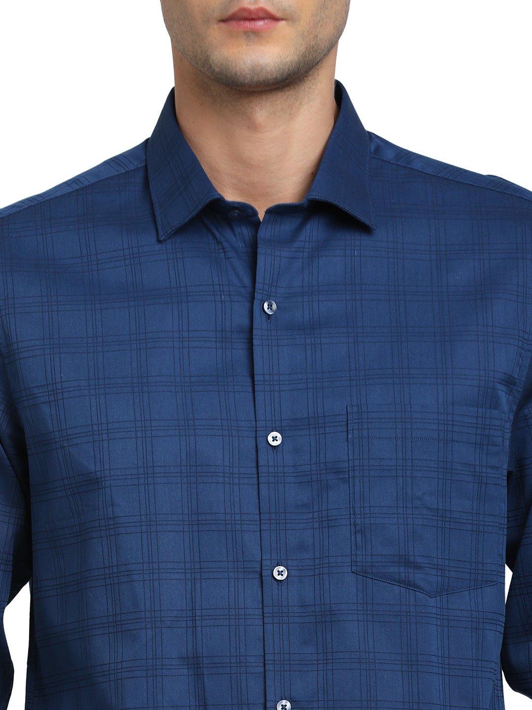 100% Cotton Navy Blue Checkered Slim Fit Full Sleeve Formal Shirt