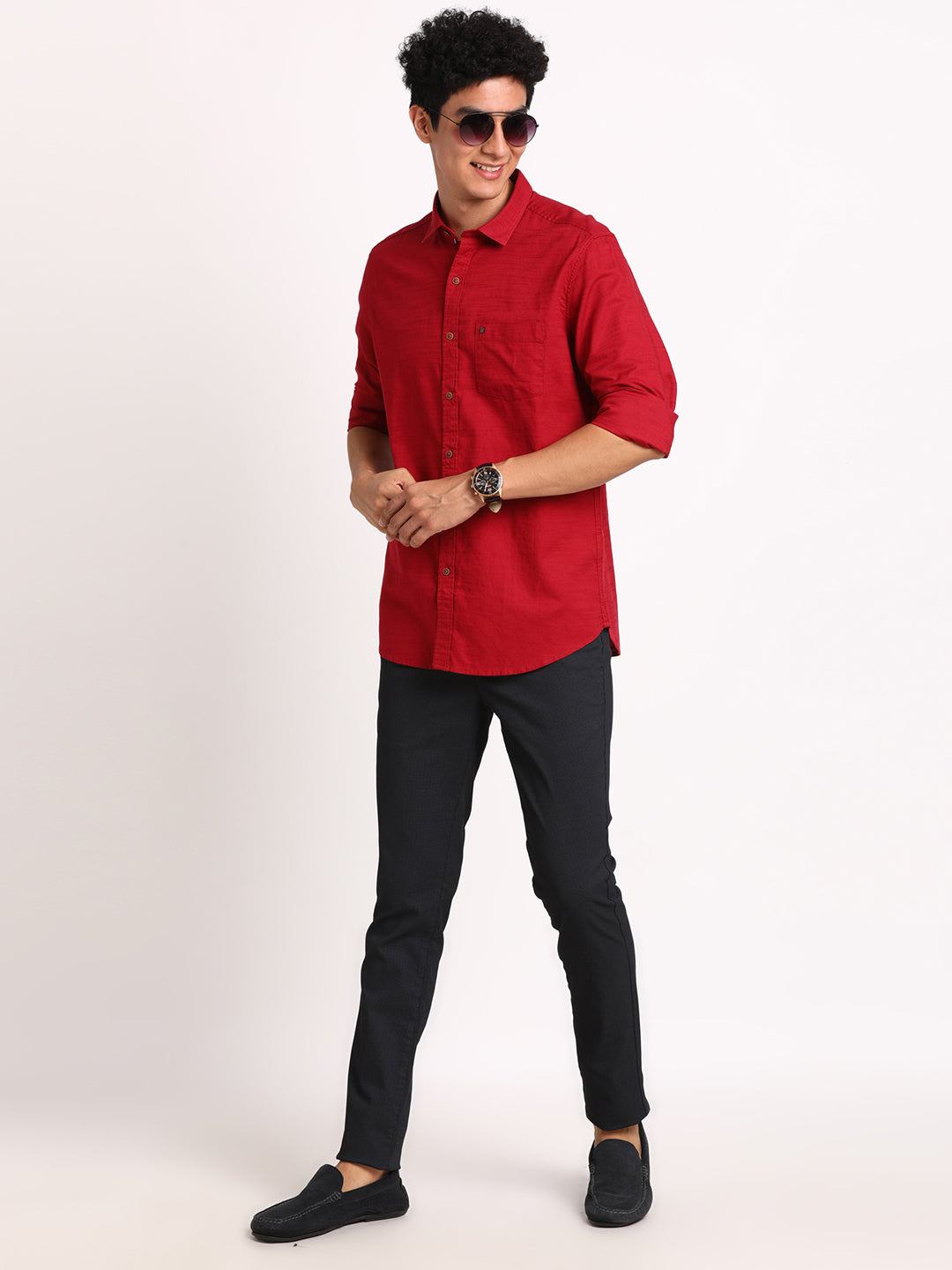 100% Cotton Red Plain Slim Fit Full Sleeve Casual Shirt