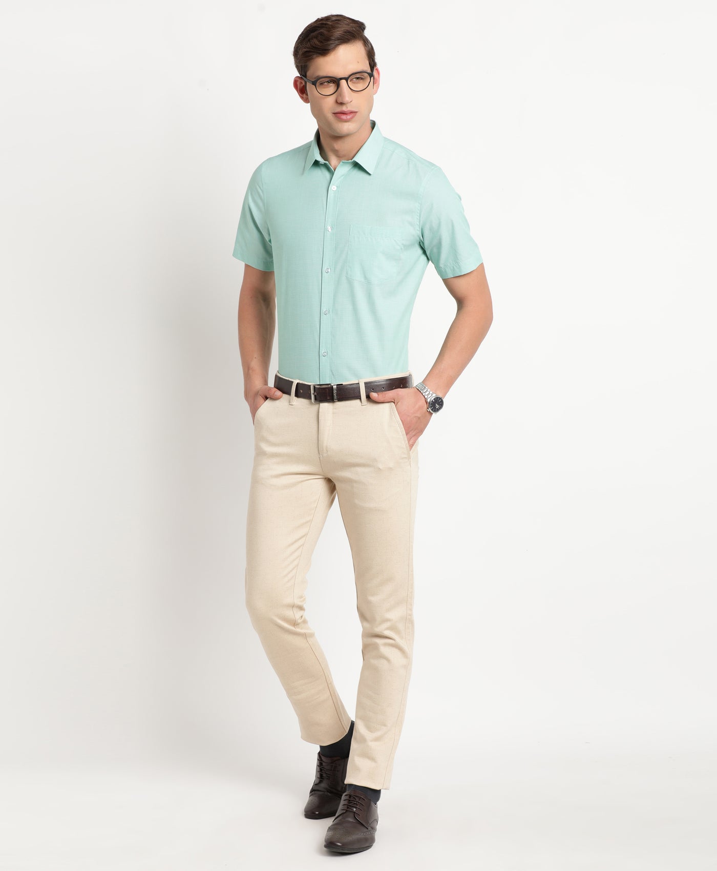 100% Cotton Sea Green Plain Regular Fit Half Sleeve Formal Shirt