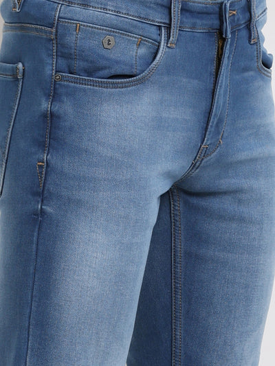 Cotton Stretch Sky Blue Plain Narrow Fit Flat Front Casual Jeans