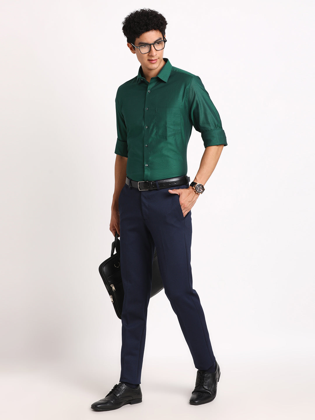 100% Cotton Dark Green Dobby Slim Fit Full Sleeve Formal Shirt