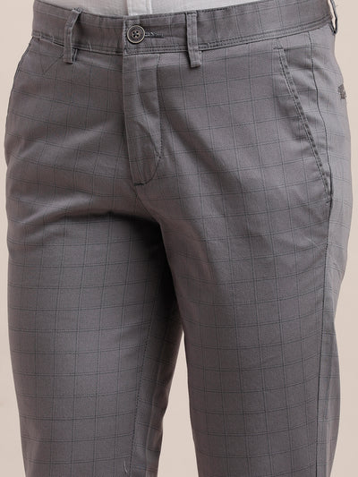 Cotton Stretch Grey Checkered Ultra Slim Fit Flat Front Casual Trouser