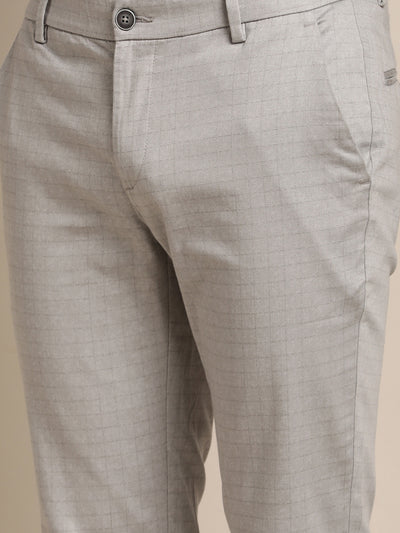 Cotton Stretch Grey Printed Narrow Fit Flat Front Casual Trouser