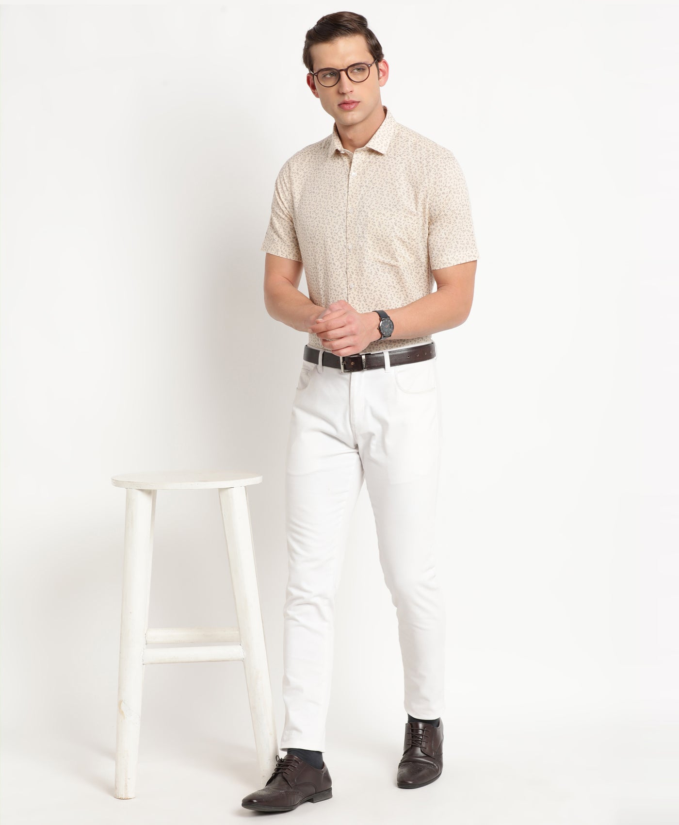 Cotton Linen Beige Printed Regular Fit Half Sleeve Formal Shirt
