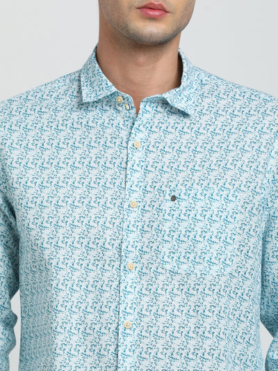 Cotton Linen Sea Blue Printed Slim Fit Full Sleeve Casual Shirt